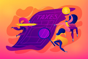 Tax form, income tax return, company tax payment concept. Vector isolated concept illustration with tiny people and floral elements. Hero image for website.