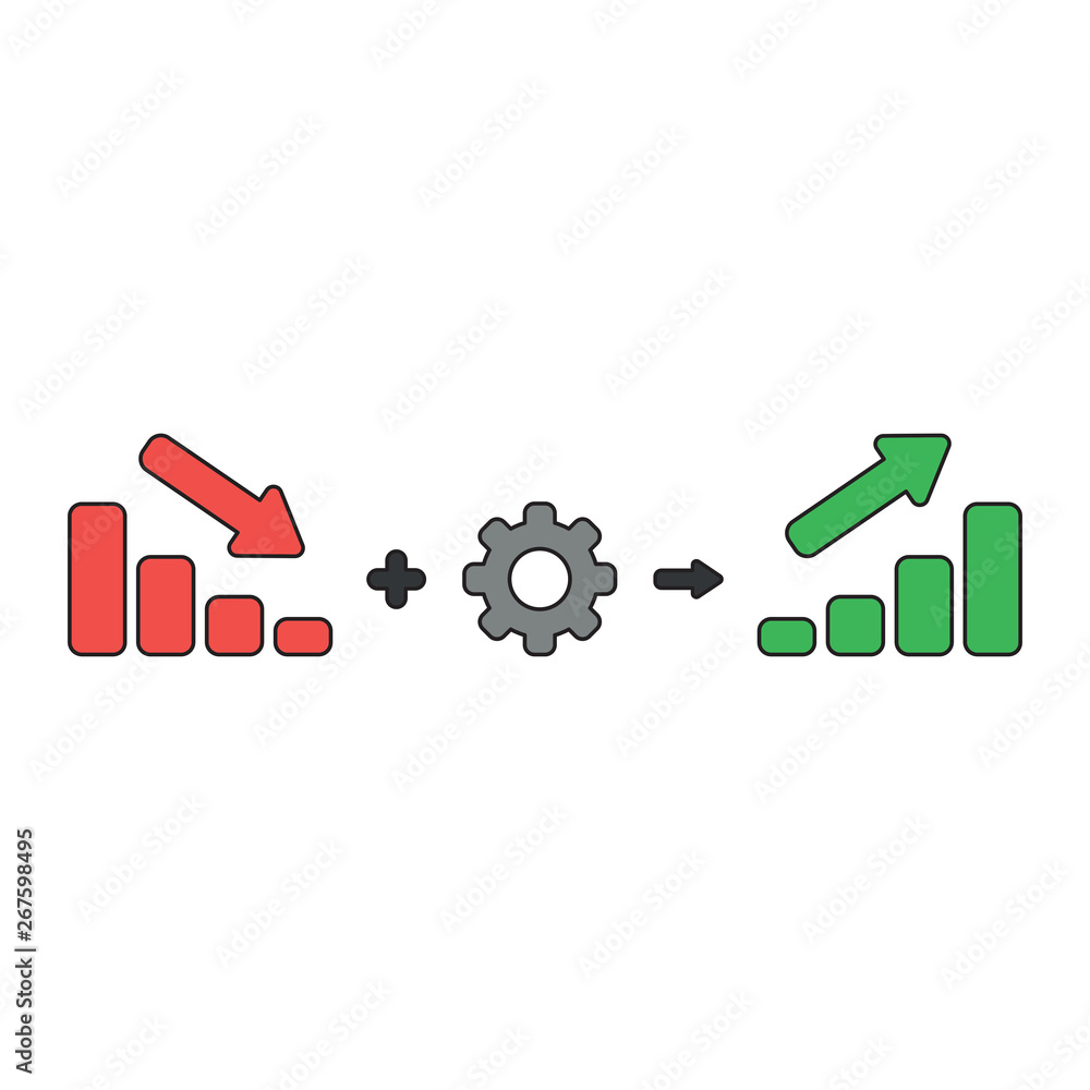 Poster vector icon concept of sales bar graph moving down plus gear equals sales bar graph moving up. black