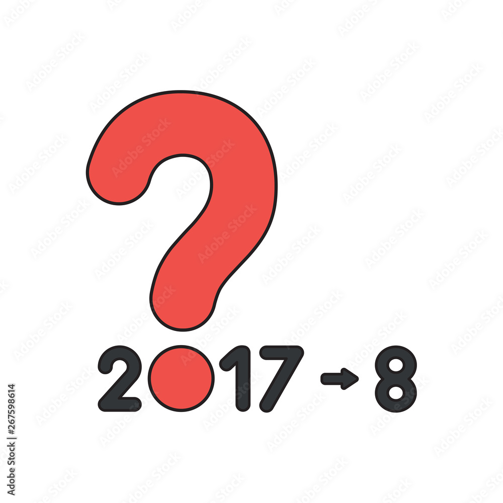Poster vector icon concept of year 2017 with question mark and number 8. black outlines and colored.