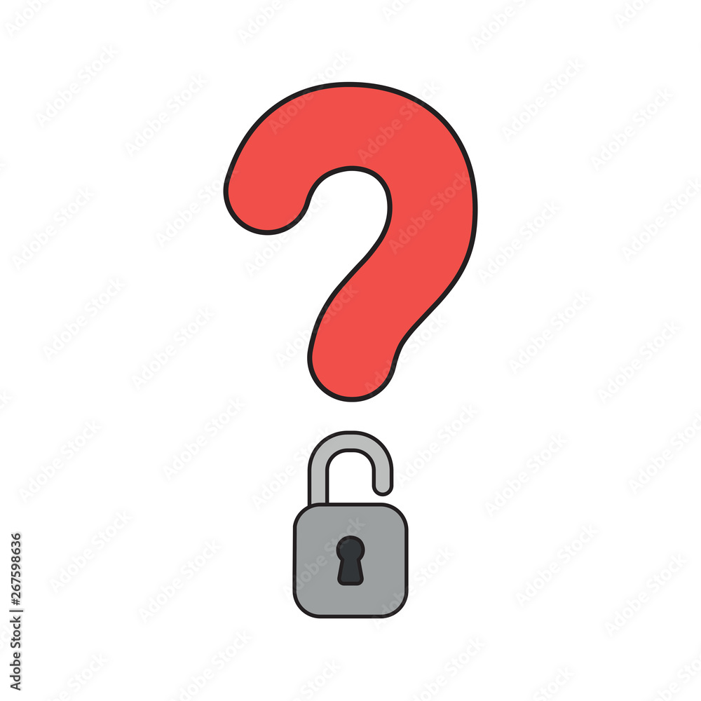 Poster vector icon concept of question mark with opened padlock. black outlines and colored.