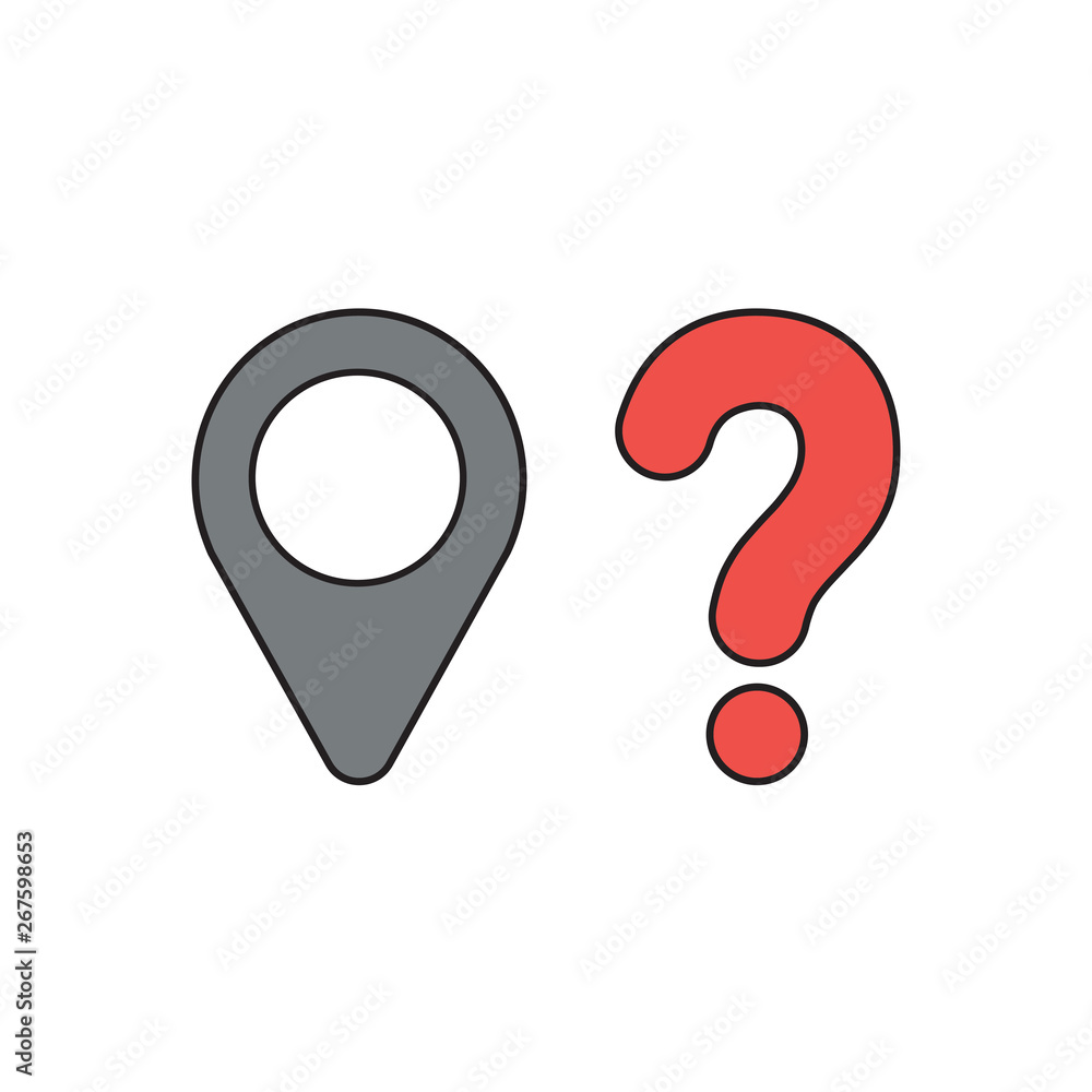 Aufkleber vector icon concept of map pointer with question mark. black outlines and colored.