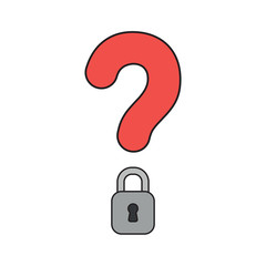Vector icon concept of question mark with closed padlock. Black outlines and colored.