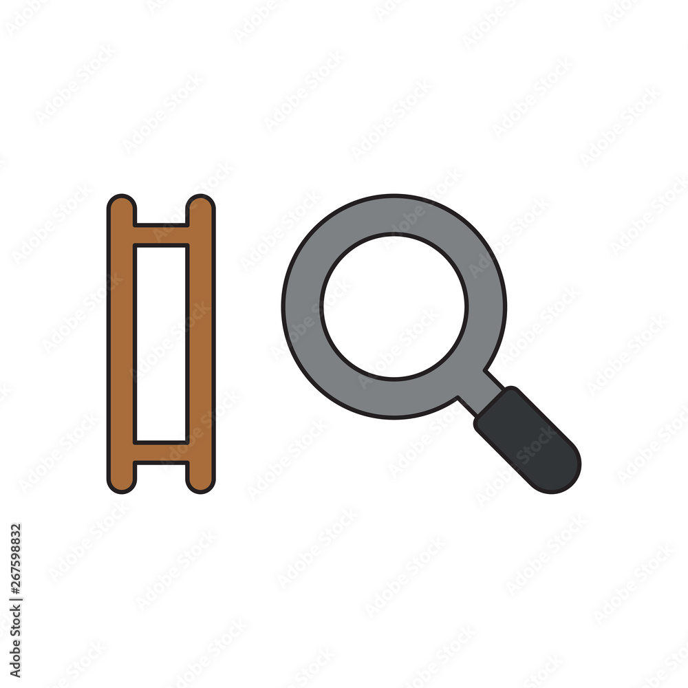 Poster vector icon concept of ladder missing steps with magnifier. black outlines and colored.