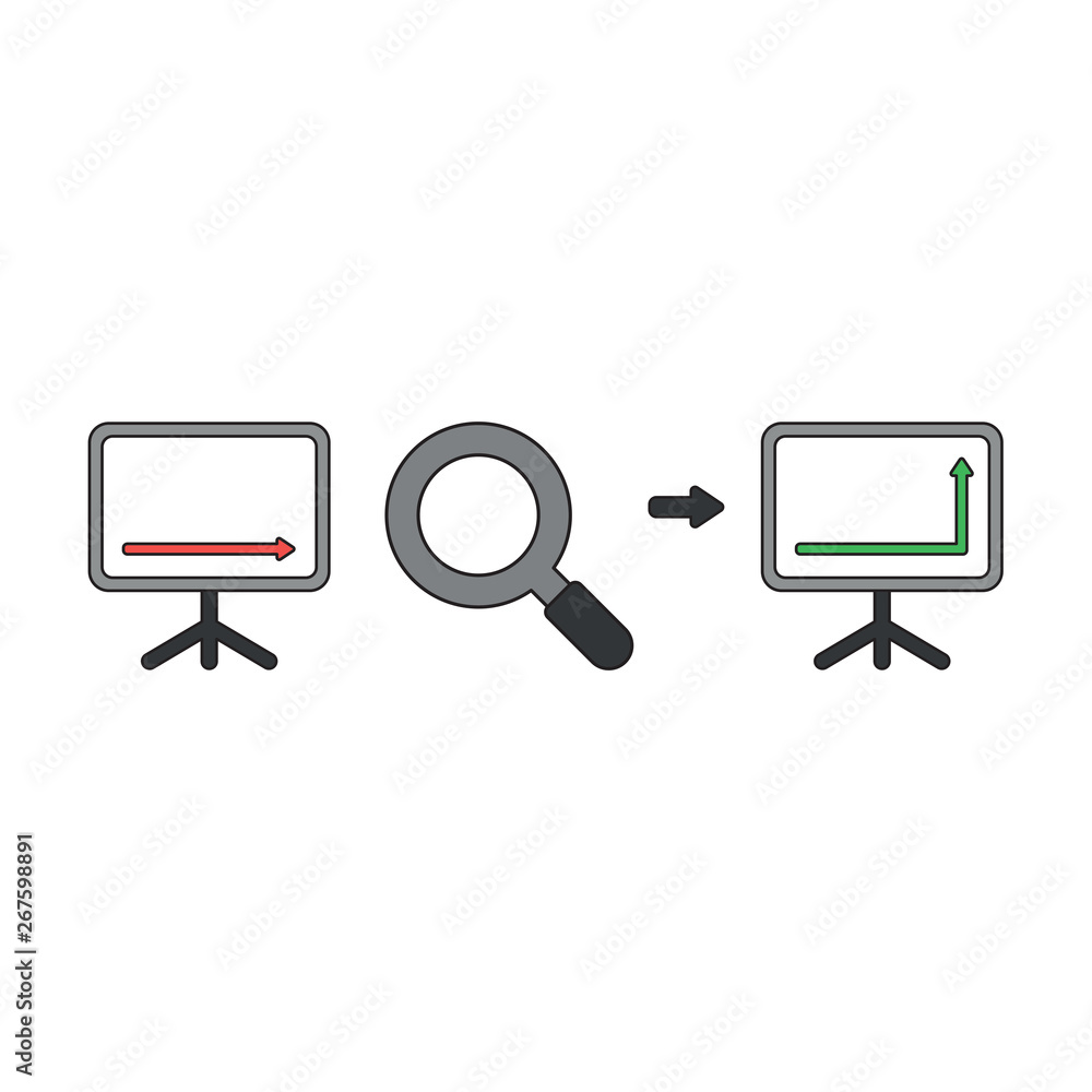 Poster vector icon concept of sales chart arrow moving down with magnifying glass and up. black outlines an