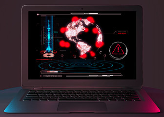 Nuclear attack, missile attack, sabotage, atomic weapons. Explosion of nuclear charges. Armed group. Computer hackers. International piracy. Computer and map of the world with missile explosions. HUD