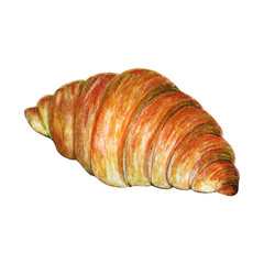 Hand painted watercolor illustration of fresh baked croissant isolated on white background. Delicious food illustration. Great for flyer, wedding invitations, posters, greeting cards.