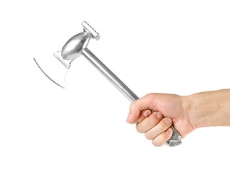 Hand holding a small axe for meat. Close up. Isolated on white background