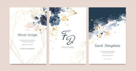 Set of card with flower rose, leaves. Wedding navy blue and gold concept. Floral poster, invite. Vector decorative greeting card or invitation design background