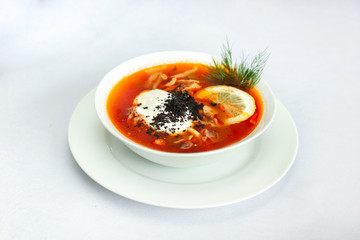 Pickle soup. Classic Russian soup, with cucumber and sour cream. With lemon.