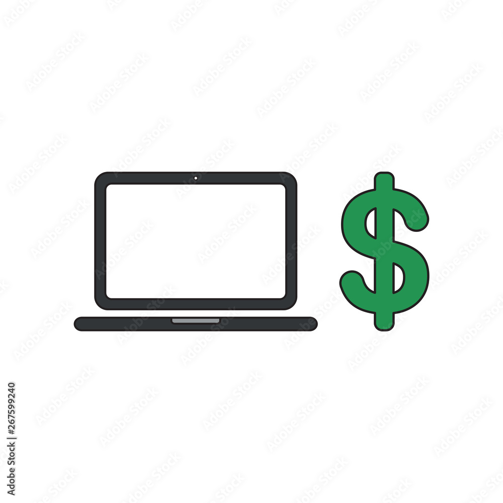 Poster vector icon concept of laptop computer with dollar. black outlines and colored.