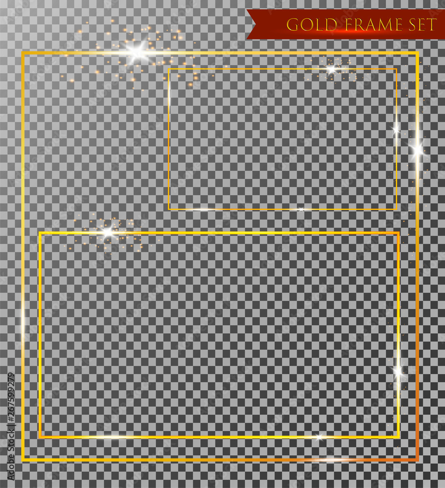 Poster Gold shiny glowing vintage frame with shadows isolated on transparent background. Golden luxury realistic rectangle border. Vector