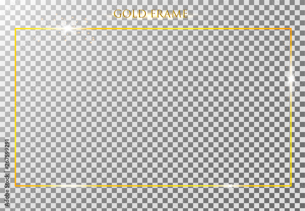 Poster Gold shiny glowing vintage frame with shadows isolated on transparent background. Golden luxury realistic rectangle border. Vector illustration