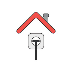 Vector icon concept of plug plugged into outlet under roof. Black outlines and colored.