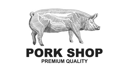 Butcher Pork Shop Design Element in Vintage Style for Logotype, Label, Badge design. Pig retro vector illustration.