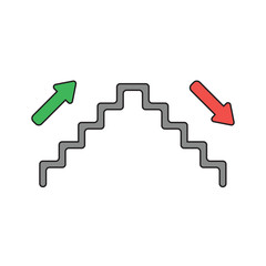 Vector icon concept of stairs with up and down arrows. Black outlines and colored.