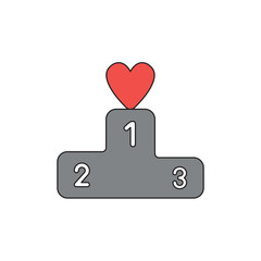 Vector icon concept of heart on first place of winners podium. Black outlines and colored.