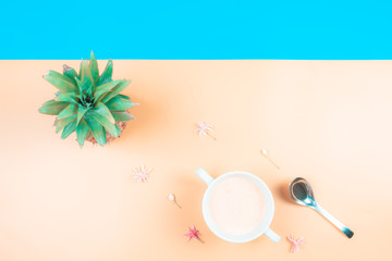 web banner freshness fruit and drink in summer season concept from minimal flat lay diet food with pineapple and tropical flower lay on pastel yellow blue background