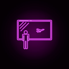 Look at departing aircraft from the airport neon icon. Elements of airport set. Simple icon for websites, web design, mobile app, info graphics