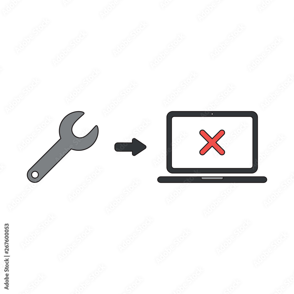 Poster vector icon concept of spanner with x mark inside laptop. black outlines and colored.