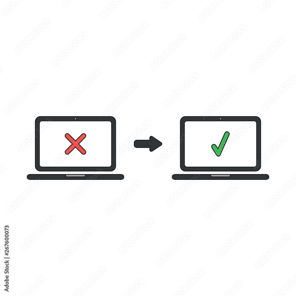Poster vector icon concept of laptop with x mark and check mark. black outlines and colored.