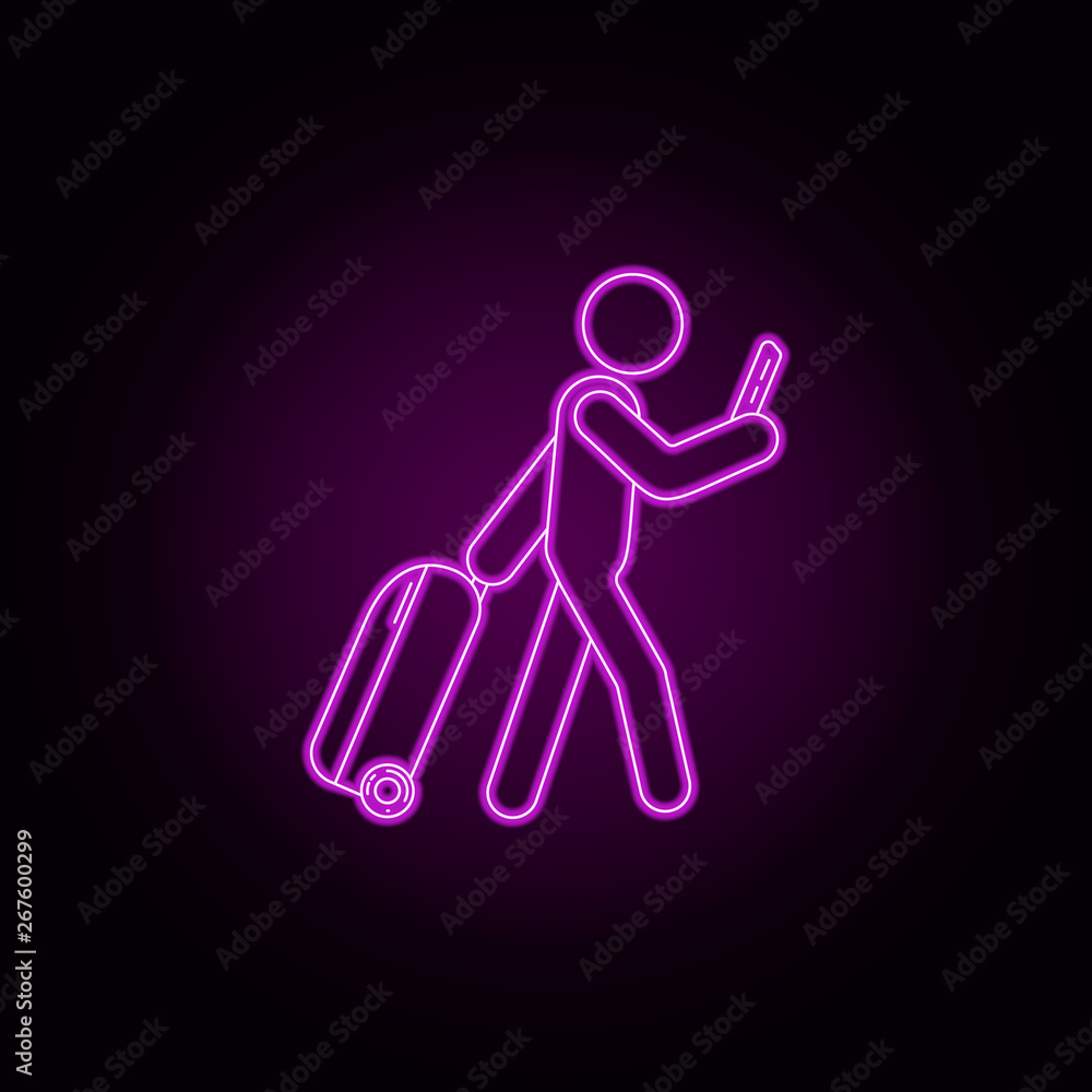 Poster passenger with baggage and ticket neon icon. elements of airport set. simple icon for websites, web 