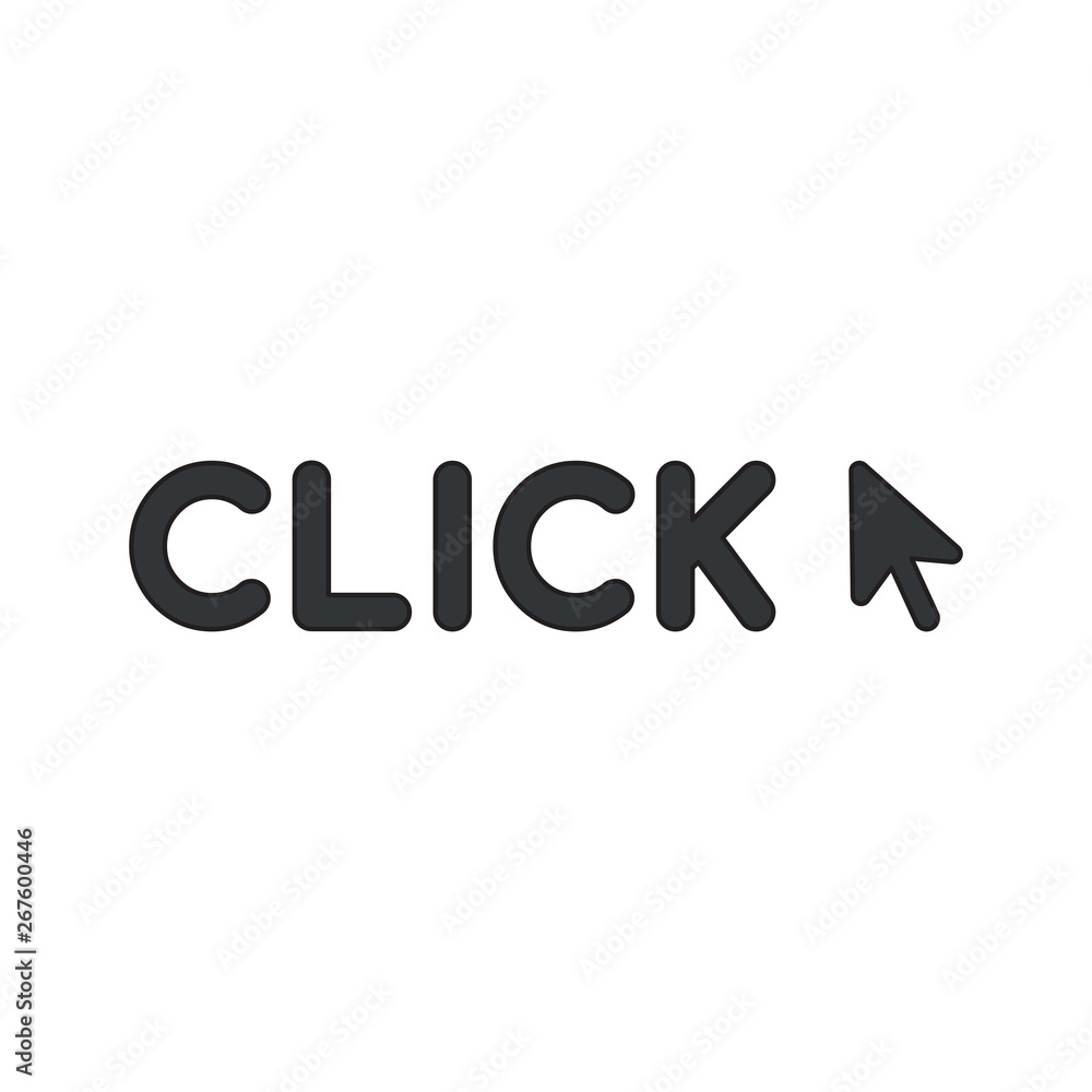 Aufkleber vector icon concept of click word with mouse cursor. black outlines and colored.