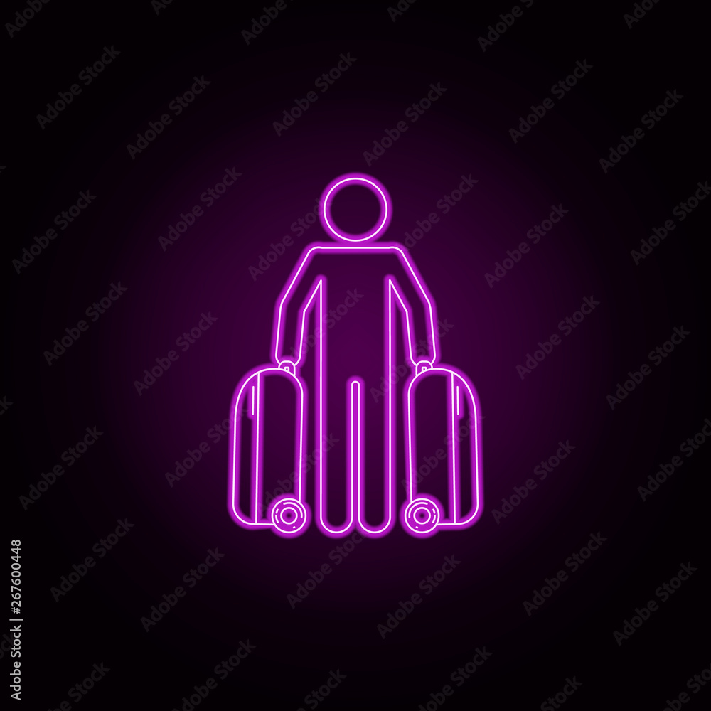 Poster passenger with suitcases neon icon. elements of airport set. simple icon for websites, web design, m