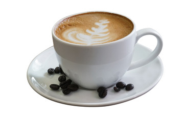Coffee cup on wooden table isolated on white background with clipping path. Business time with coffee, Coffee cup for product display, free copy space. Industrial food, drink background concept.