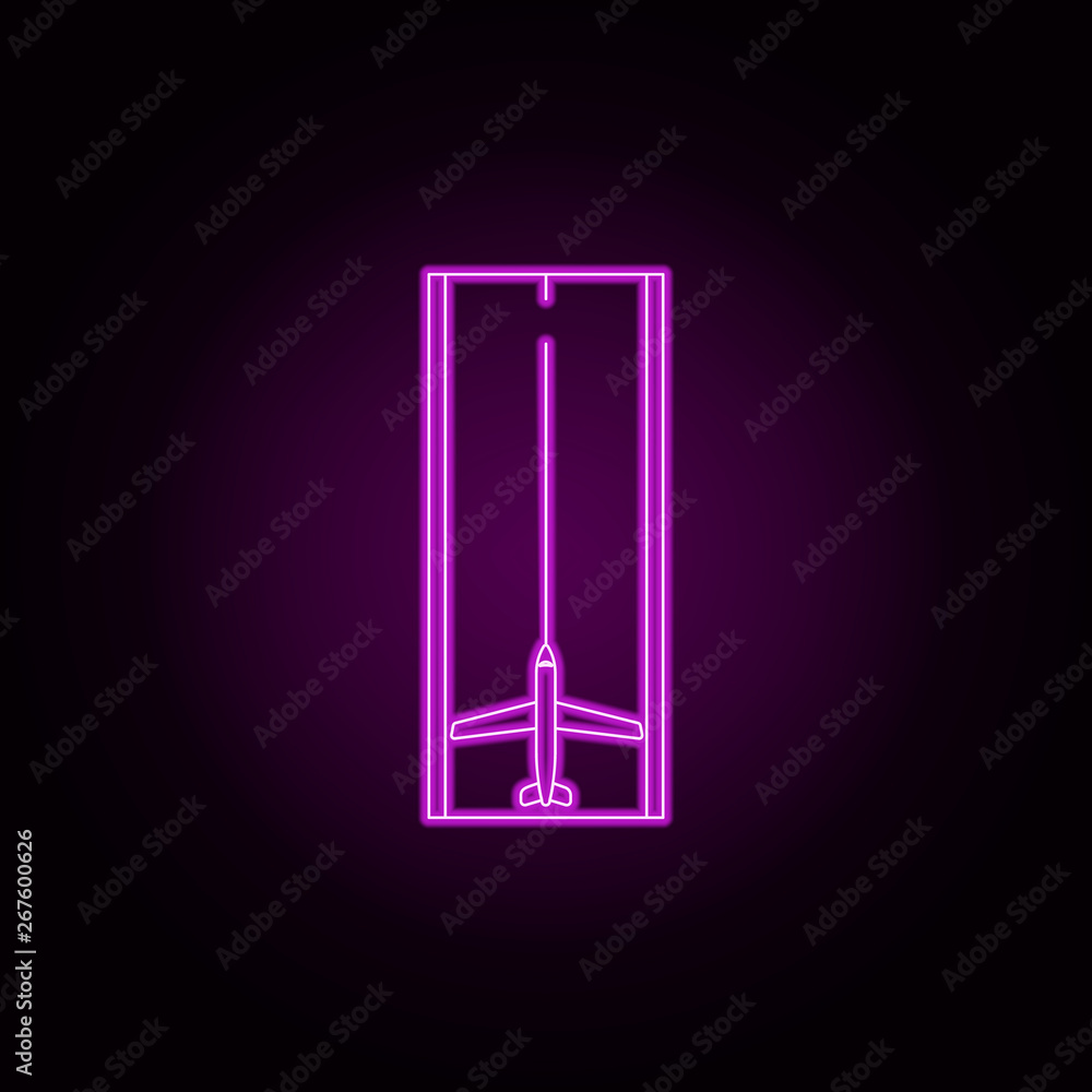 Poster airplane on the landing site neon icon. elements of airport set. simple icon for websites, web desig