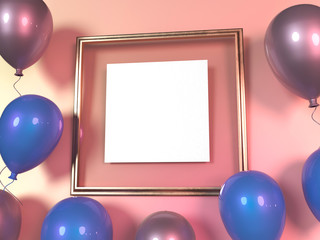 Colorful balloons next to golden picture frame in front of wall. 3D Rendering.