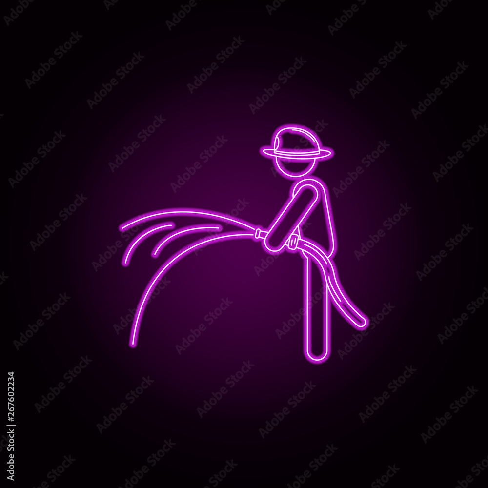 Poster fireman with hose neon icon. elements of fireman set. simple icon for websites, web design, mobile a