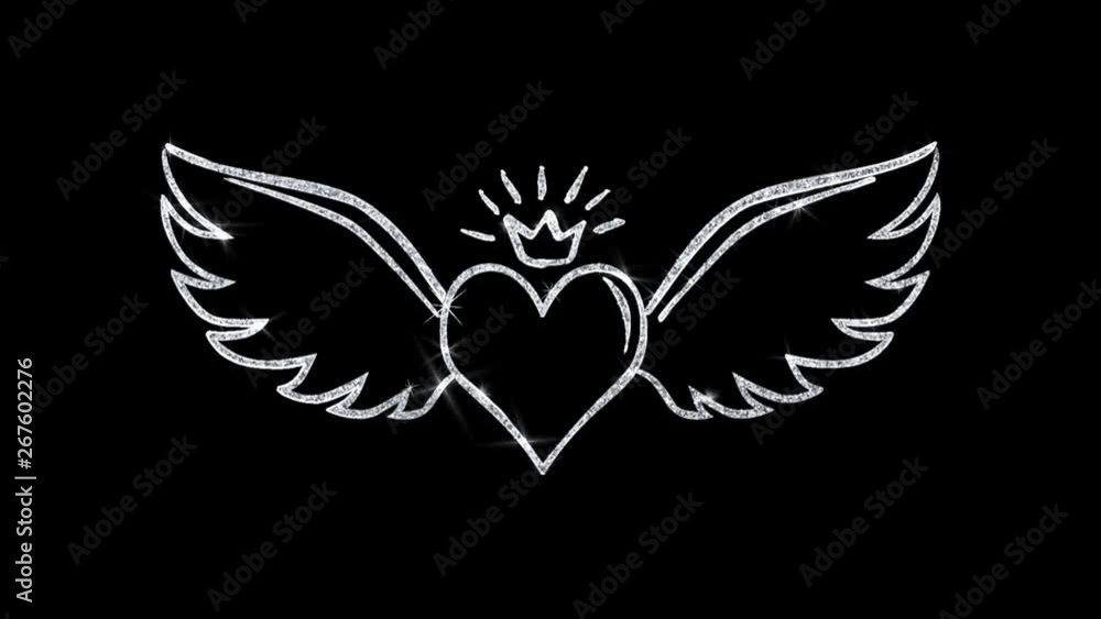 Poster heart with angle wings shape icon symbol abstract blinking sparkle glitter particle looped backgroun
