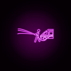The fireman extinguishes the car neon icon. Elements of fireman set. Simple icon for websites, web design, mobile app, info graphics