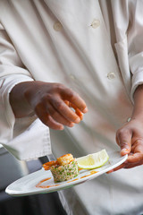 chef hands up close preparing food plating