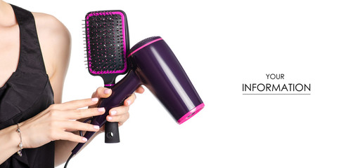 Woman holding a hairdryer and comb pattern on white background. Isolation, closeup