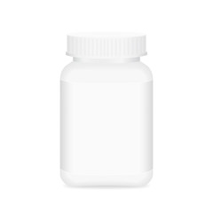 white medicine bottle and white label, bottle plastic white packaging single blank for template design white background, package bottle packing pill, medicine, vitamin, drug tablet, supplement