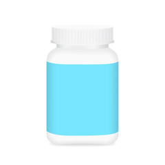 white medicine bottle and blue label, bottle plastic white packaging single blank for template design white background, package bottle packing pill, medicine, vitamin, drug tablet, supplement