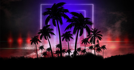 Space futuristic landscape. Neon palm tree, tropical leaves.