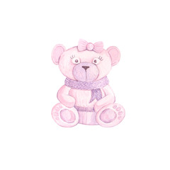watercolor illustration with a cartoon pink bear
