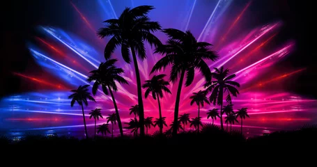 Tuinposter Strand zonsondergang Space futuristic landscape. Neon palm tree, tropical leaves.