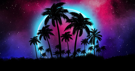 Space futuristic landscape. Neon palm tree, tropical leaves.