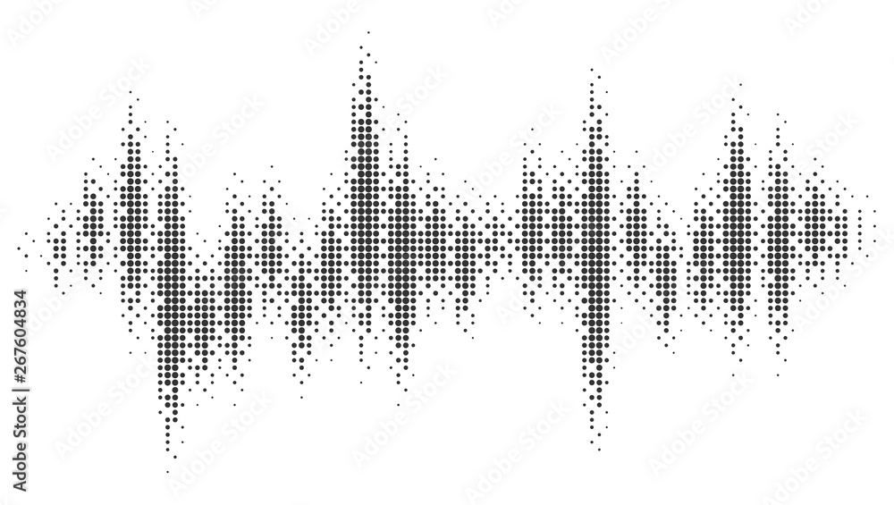 Poster halftone pattern audio waveform. sound wave spectrum. modern design rhythm of heart. abstract dotted