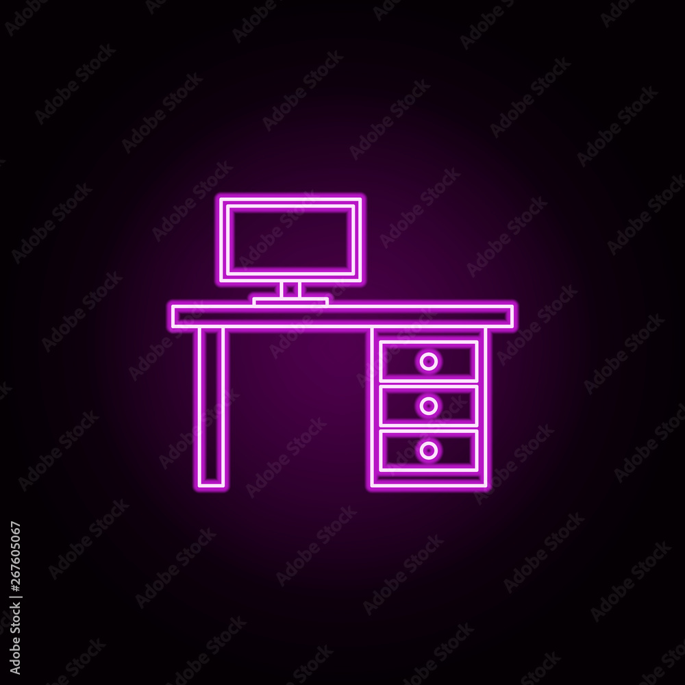 Poster computer table neon icon. elements of furniture set. simple icon for websites, web design, mobile ap