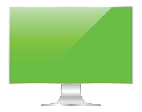 front of flat monitor green screen computer, pc display digital wide screen and slim, icon of monitor modern lcd, symbol 3d modern screen, mock up full screen desktop empty isolated white background