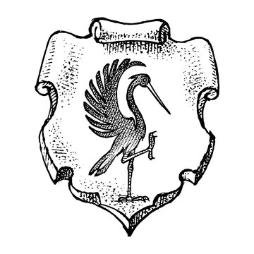 Animal for Heraldry in vintage style. Engraved coat of arms with stork bird. Medieval Emblems and the logo of the fantasy kingdom.