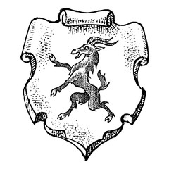 Animal for Heraldry in vintage style. Engraved coat of arms with goat, mythical creature. Medieval Emblems and the logo of the fantasy kingdom.