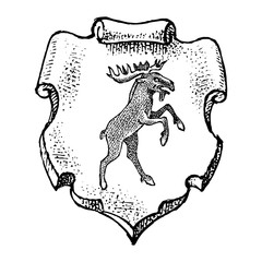 Animal for Heraldry in vintage style. Engraved coat of arms with Moose. Medieval Emblems and the logo of the fantasy kingdom.