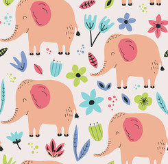 Hand drawn seamless background with elephans and flowers. Pattern with cute design. Scandinavian style design. Vector illustration