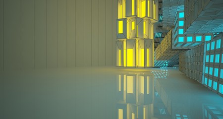 Abstract  Drawing Futuristic Sci-Fi interior With Yellow And Blue Glowing Neon Tubes . 3D illustration and rendering.