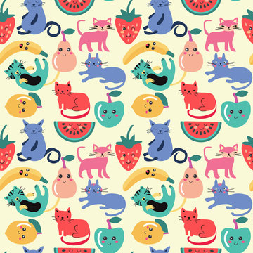 Cute cats and fruits, funny cartoon style background.